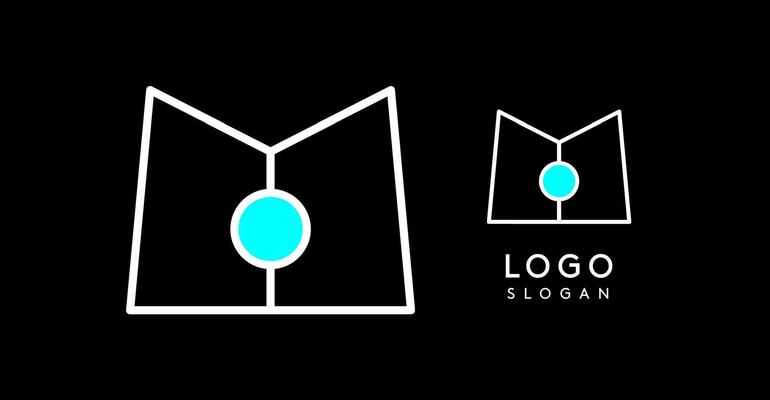 Abstract M letter logo with blue dots. Minimalist linear design, bold and clean letter monogram for corporate branding, tech startups, innovative businesses, and game apps. illustration.