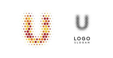 Abstract letter U logo with orange to red gradient dots, dotted emblem for business branding, corporate identity, technology firms. Stylish and professional symbol. illustration vector