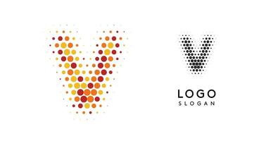 Abstract letter V logo with orange to red gradient dots, dotted logotype for business branding, corporate identity, technology firms. Stylish and professional symbol. illustration vector