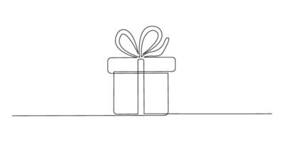 Gift box continuous one line drawing on white background. vector