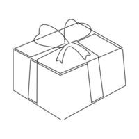 Gift box continuous one line drawing on white background. vector