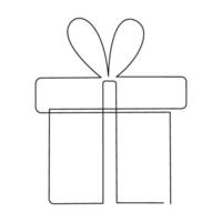 Gift box continuous one line drawing on white background. vector