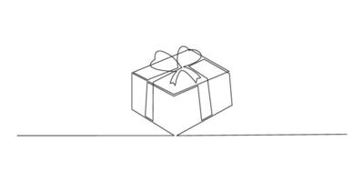 Gift box continuous one line drawing on white background. vector