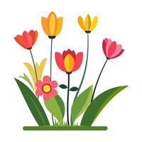 Cartoon Garden Flowers and grass on white background. vector