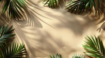Tropical palm leaves casting shadows on sandy background, creating a serene summer beach vibe photo