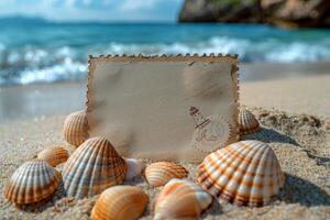 Vintage postcard mockup on sandy beach with seashells, ocean waves, and a lighthouse stamp photo