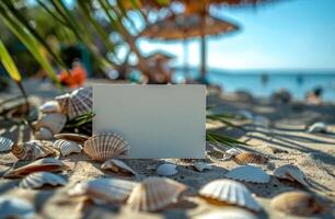 Blank card on a sandy beach with seashells, palm leaves, and ocean in the background, tropical vibe photo