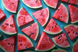 A vibrant and refreshing image of sliced watermelon, showcasing the juicy red flesh, black seeds, and green rind. The watermelon slices are arranged on a blue background with water photo