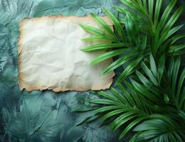 Blank parchment with green palm leaves on a textured green background, perfect for tropical designs photo