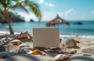 Blank card on a sandy beach with seashells, palm trees, and ocean in the background, tropical vibe photo