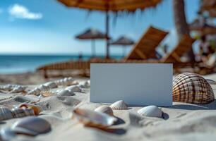 Blank card on sandy beach with seashells, palm trees, and loungers under umbrellas by the ocean photo