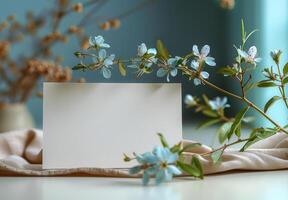 Blank card with delicate blue blossoms on a branch, set on a light background with soft focus photo