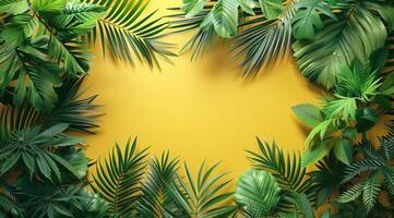 Green tropical leaves frame a yellow background, creating a vibrant, nature-inspired design photo