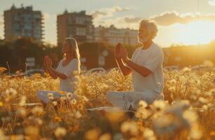 Elderly couple meditating in a flower field at sunset, promoting peace and mindfulness photo