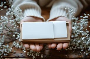 Hands holding blank cards with white flowers on a wooden table, perfect for elegant invitations photo