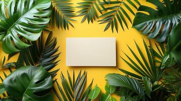 Blank card with tropical green leaves on a vibrant yellow background for mockup and design photo