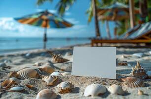 Blank card on a sandy beach with seashells, palm trees, and colorful umbrellas, tropical vibe photo