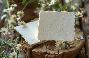 Blank cards on a wooden table surrounded by daisies, perfect for rustic and floral invitations photo