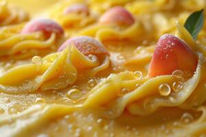 Close-up of peach ice cream scoops with decorative swirls and droplets on a yellow background photo
