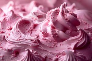 Close-up of pink ice cream texture with creamy swirls and sprinkles, perfect for dessert themes photo