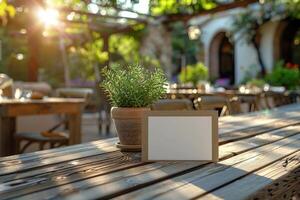 Blank card on a rustic wooden table with potted rosemary plant in a sunlit outdoor cafe setting photo