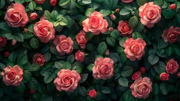 lush wall of vibrant pink roses in full bloom, surrounded by green leaves, creating a romantic scene photo