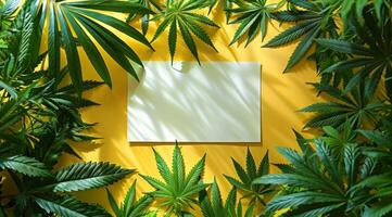 Blank white card on yellow background surrounded by green cannabis leaves, perfect for mockups photo