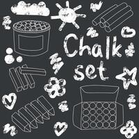 Realistic chalk drawn sketch set on chalkboard background. Set of chalk sticks and hand drawn elements vector