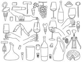 Wine elements sketches set. Hand drawn wineglasses and hands with wine, wine bottles and corks set vector