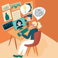 Online session with psychologist at home. Blond woman sitting at desk and talking to psychologist using computer flat illustration. vector