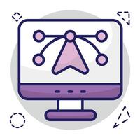 Pen with nodes inside monitor, bezier tool icon vector