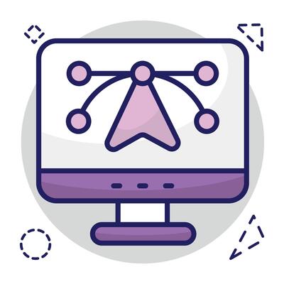 Pen with nodes inside monitor, bezier tool icon