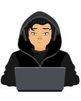 young hacker programmer it specialist coder sitting at a laptop in a sweater with a hood flat style illustration isolated on white background vector