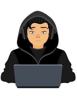 young hacker programmer it specialist coder sitting at a laptop in a sweater with a hood flat style illustration isolated on white background