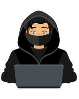 young hacker programmer it specialist coder sitting at a laptop in a sweater with a hood flat style illustration isolated on white background vector