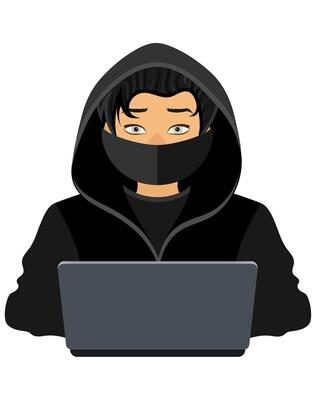 young hacker programmer it specialist coder sitting at a laptop in a sweater with a hood flat style illustration isolated on white background