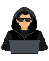 young hacker programmer it specialist coder sitting at a laptop in a sweater with a hood flat style illustration isolated on white background vector