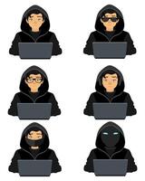young hacker programmer it specialist coder sitting at a laptop in a sweater with a hood flat style illustration isolated on white background vector