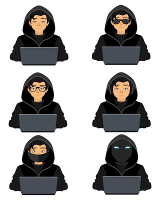 young hacker programmer it specialist coder sitting at a laptop in a sweater with a hood flat style illustration isolated on white background