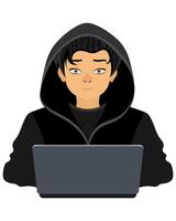 young hacker programmer it specialist coder sitting at a laptop in a sweater with a hood flat style illustration isolated on white background vector
