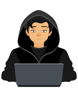young hacker programmer it specialist coder sitting at a laptop in a sweater with a hood flat style illustration isolated on white background