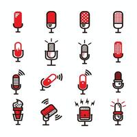 red, white and black microphone set or podcast set with lightning and connection sign for broadcast or podcast - red, white and black microphone illustrations set logo or icon isolated on white vector