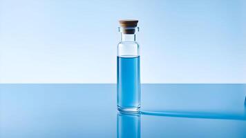 blue glass bottle with liquid, a minimalist composition featuring a single glass vial with a clear liquid and a precise label photo