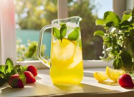 A vibrant still life of a glass pitcher filled with bright yellow lemonade. Lemon slices, sprigs of mint, and a single red strawberry float on the surface. Sunlight illuminates the scene from behind photo