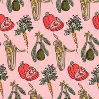 Retro style seamless pattern with outline drawing of organic vegetables. Avocado branch, carrot and corn cob drawings. Vegan food concept on light red background in boho style vector