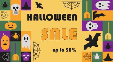 Halloween sale high contrast abstract horizontal banner in geometric style. Scary and spooky elements in simple geometric shapes vector