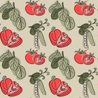 Seamless pattern with outline drawing of organic vegetables in boho style. Tomatoes, green peas and red bell pepper drawings. Vegan food concept on light green background. vector