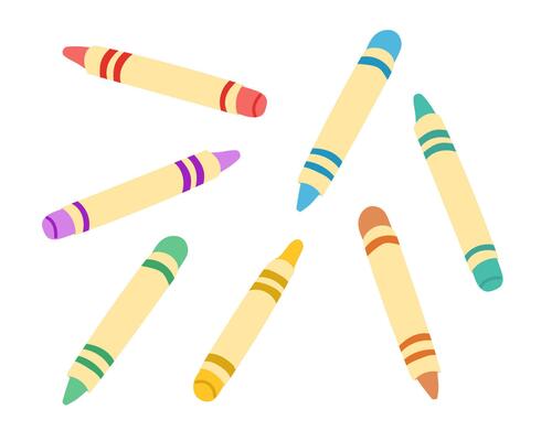 Multicolored kids crayons. Traditional kids craft art supplies, creative hobby accessories, top view