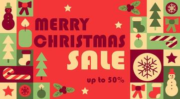 Merry Christmas sale abstract contrast horizontal banner in geometric style. Related elements to winter holidays in simple geometric shapes, flat style. Good for advertisement and trading vector