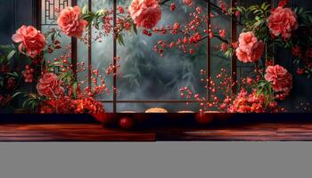 Traditional Chinese window decorated with red paper lanterns and blooming flowers photo
